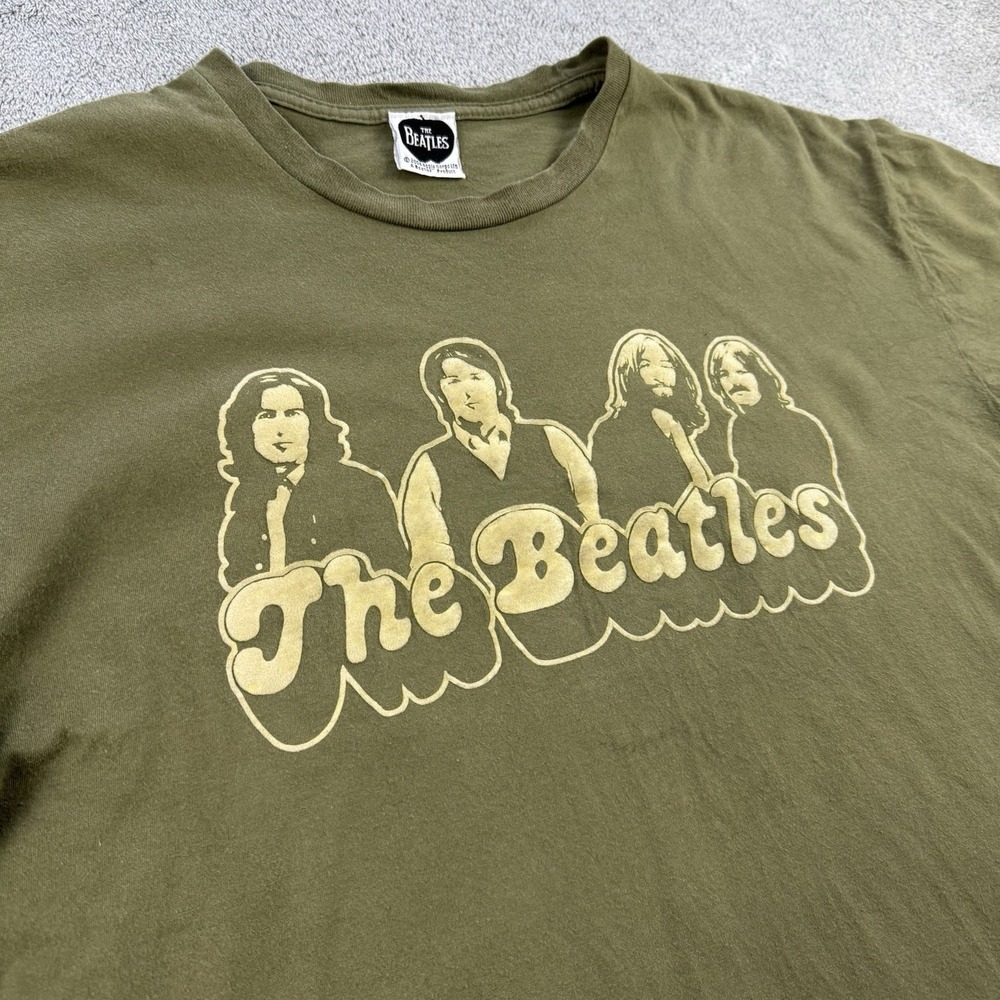 The Beatles Vintage Shirt Men's Large Green Flock Print Logo Rock Band 2006 Y2K